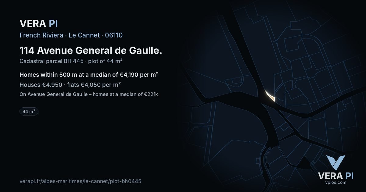 114 Avenue General de Gaulle, Le Cannet at night – the plot lit, the parcels around coloured by the prices near them