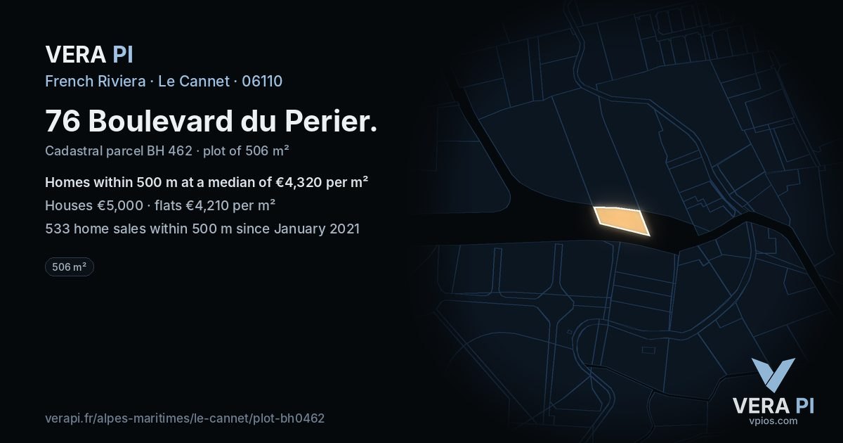 76 Boulevard du Perier, Le Cannet at night – the plot lit, the parcels around coloured by the prices near them
