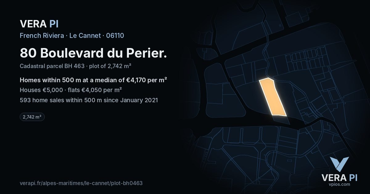 80 Boulevard du Perier, Le Cannet at night – the plot lit, the parcels around coloured by the prices near them