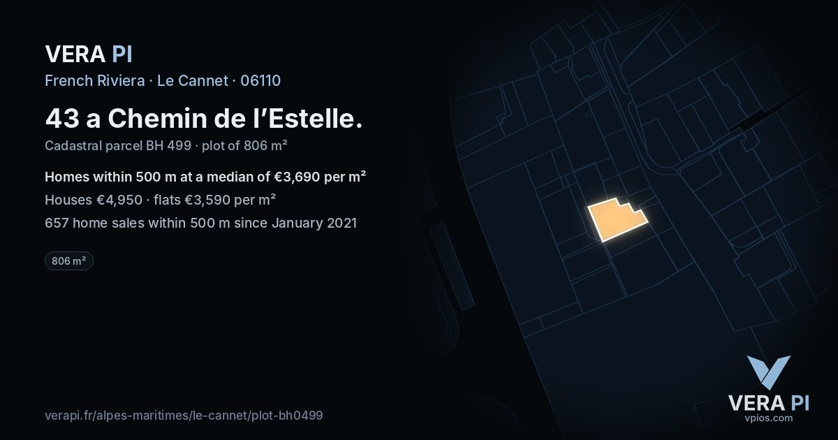 43 a Chemin de l’Estelle, Le Cannet at night – the plot lit, the parcels around coloured by the prices near them