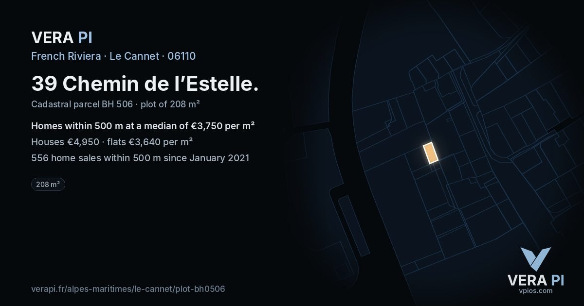 39 Chemin de l’Estelle, Le Cannet at night – the plot lit, the parcels around coloured by the prices near them