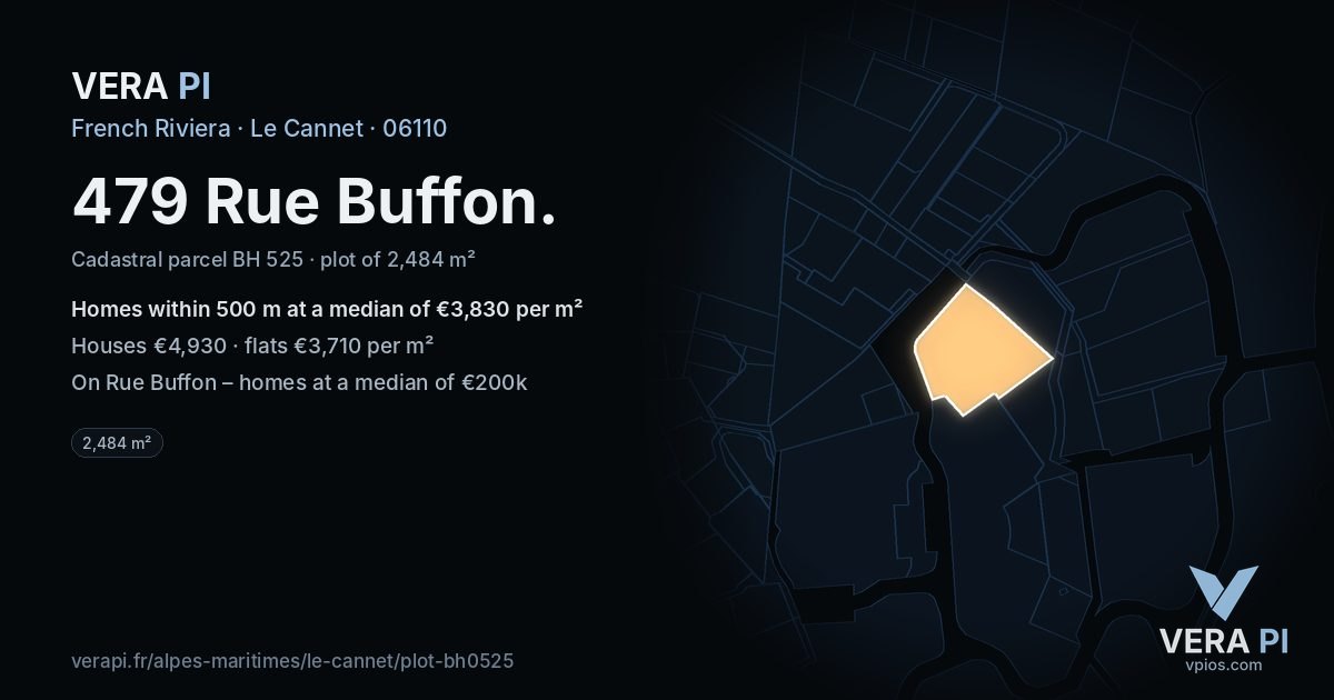 479 Rue Buffon, Le Cannet at night – the plot lit, the parcels around coloured by the prices near them