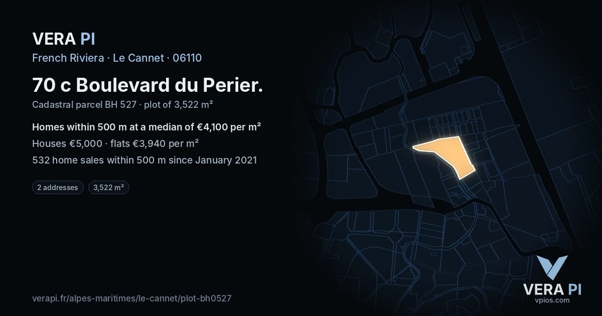 70 c Boulevard du Perier, Le Cannet at night – the plot lit, the parcels around coloured by the prices near them