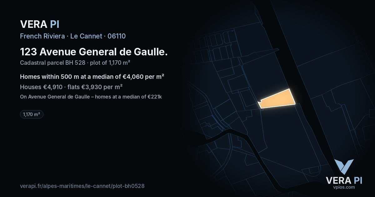 123 Avenue General de Gaulle, Le Cannet at night – the plot lit, the parcels around coloured by the prices near them