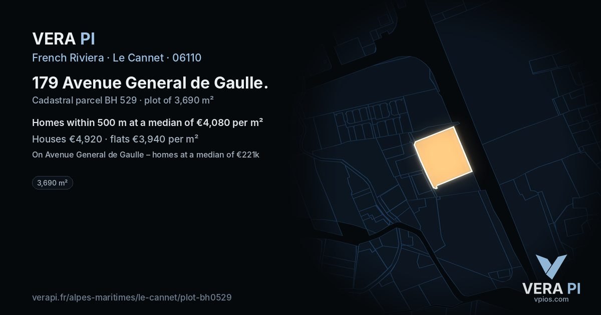 179 Avenue General de Gaulle, Le Cannet at night – the plot lit, the parcels around coloured by the prices near them