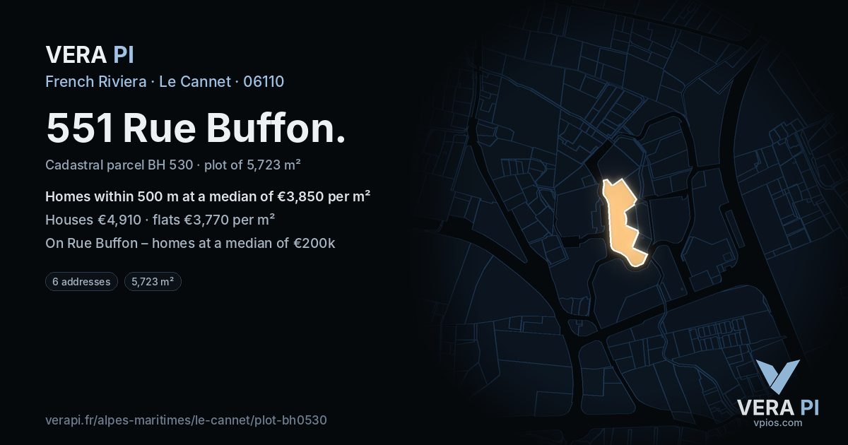551 Rue Buffon, Le Cannet at night – the plot lit, the parcels around coloured by the prices near them
