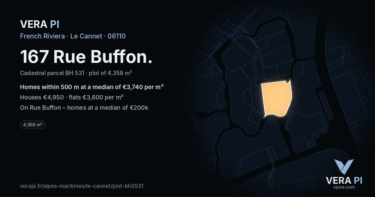 167 Rue Buffon, Le Cannet at night – the plot lit, the parcels around coloured by the prices near them