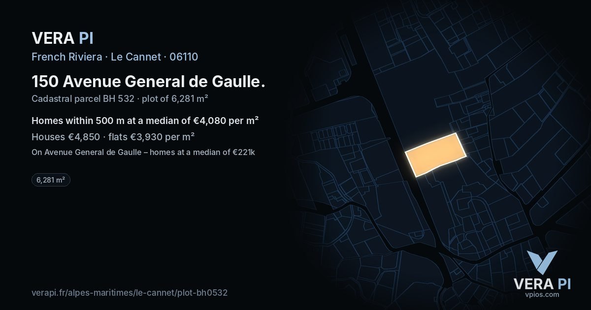 150 Avenue General de Gaulle, Le Cannet at night – the plot lit, the parcels around coloured by the prices near them