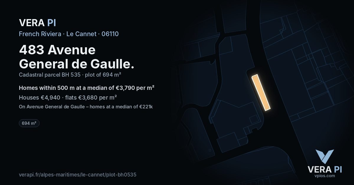 483 Avenue General de Gaulle, Le Cannet at night – the plot lit, the parcels around coloured by the prices near them