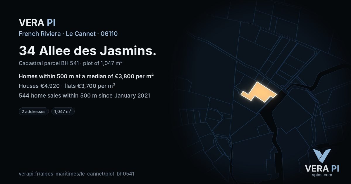 34 Allee des Jasmins, Le Cannet at night – the plot lit, the parcels around coloured by the prices near them