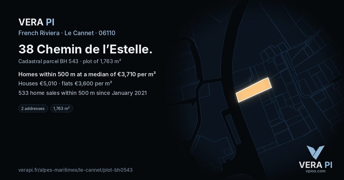38 Chemin de l’Estelle, Le Cannet at night – the plot lit, the parcels around coloured by the prices near them