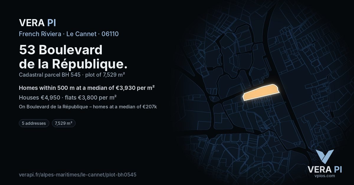 53 Boulevard de la République, Le Cannet at night – the plot lit, the parcels around coloured by the prices near them