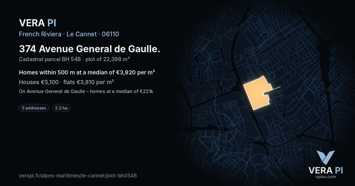 374 Avenue General de Gaulle, Le Cannet at night – the plot lit, the parcels around coloured by the prices near them