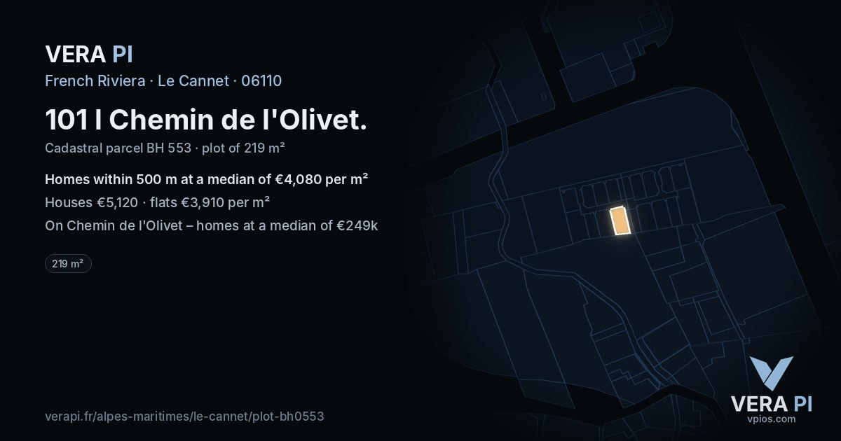 101 l Chemin de l'Olivet, Le Cannet at night – the plot lit, the parcels around coloured by the prices near them