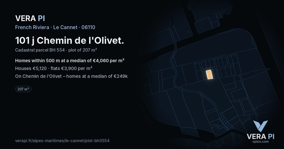 101 j Chemin de l'Olivet, Le Cannet at night – the plot lit, the parcels around coloured by the prices near them