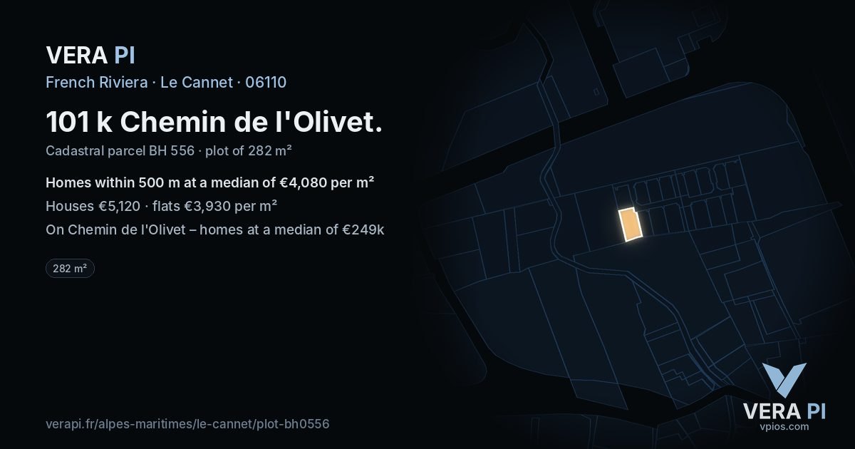 101 k Chemin de l'Olivet, Le Cannet at night – the plot lit, the parcels around coloured by the prices near them