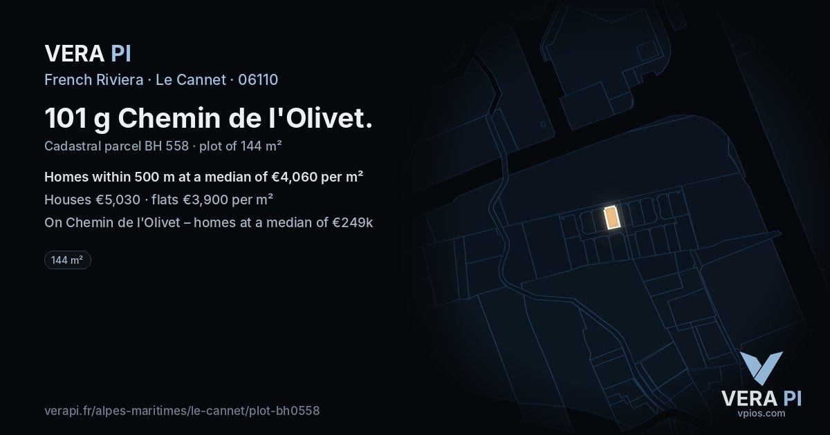 101 g Chemin de l'Olivet, Le Cannet at night – the plot lit, the parcels around coloured by the prices near them