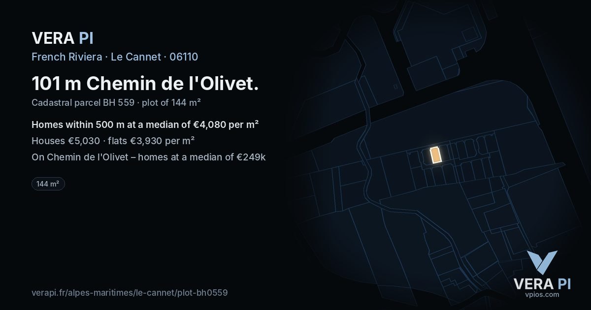 101 m Chemin de l'Olivet, Le Cannet at night – the plot lit, the parcels around coloured by the prices near them