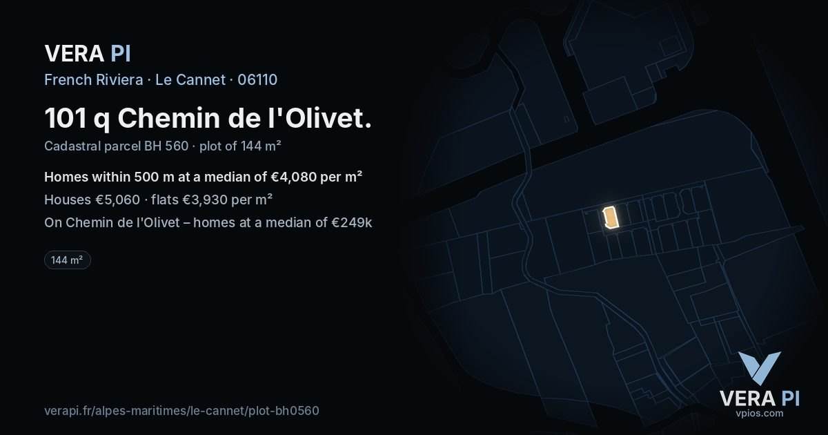 101 q Chemin de l'Olivet, Le Cannet at night – the plot lit, the parcels around coloured by the prices near them