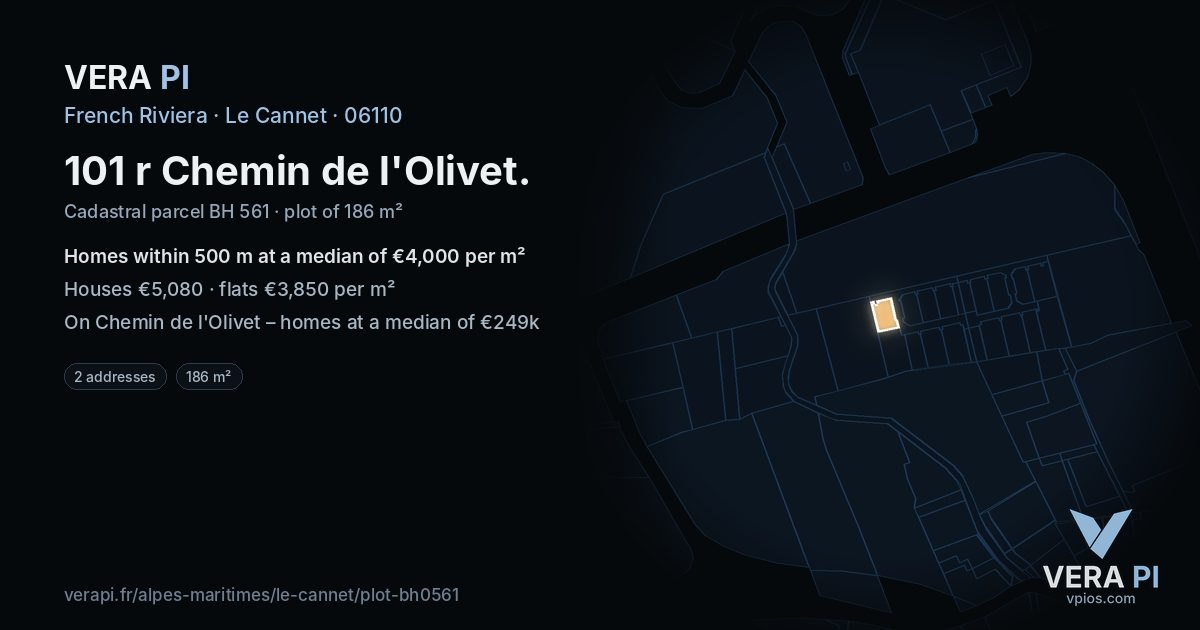 101 r Chemin de l'Olivet, Le Cannet at night – the plot lit, the parcels around coloured by the prices near them