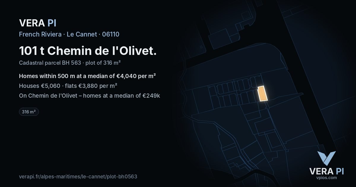 101 t Chemin de l'Olivet, Le Cannet at night – the plot lit, the parcels around coloured by the prices near them