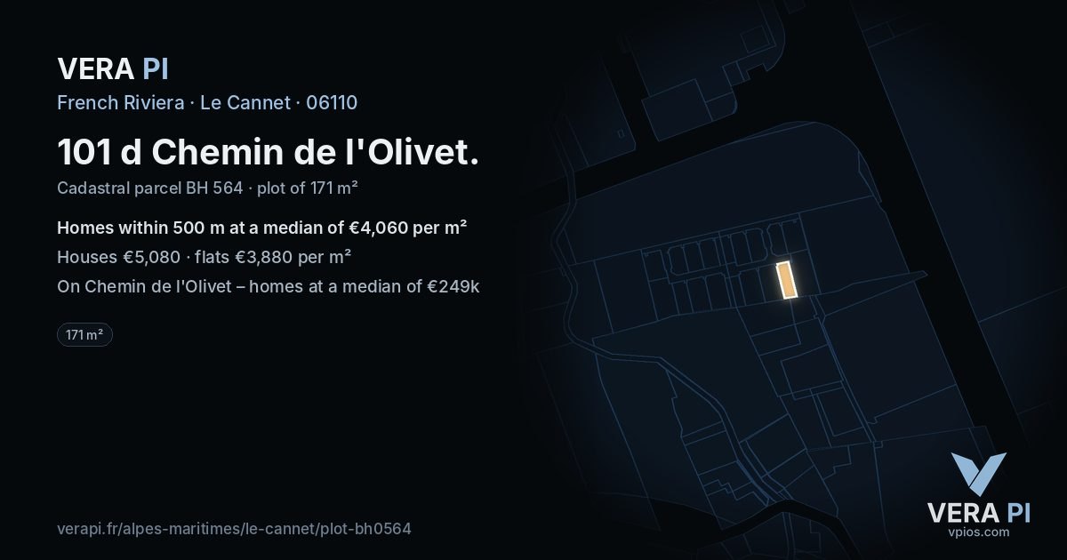 101 d Chemin de l'Olivet, Le Cannet at night – the plot lit, the parcels around coloured by the prices near them