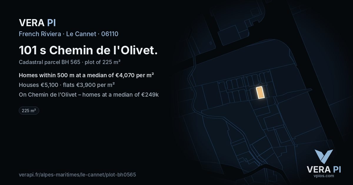 101 s Chemin de l'Olivet, Le Cannet at night – the plot lit, the parcels around coloured by the prices near them