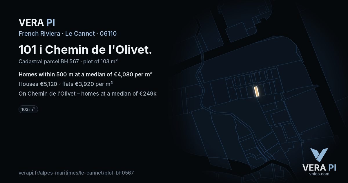 101 i Chemin de l'Olivet, Le Cannet at night – the plot lit, the parcels around coloured by the prices near them