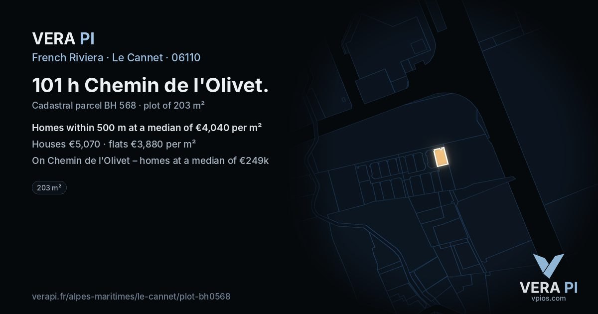 101 h Chemin de l'Olivet, Le Cannet at night – the plot lit, the parcels around coloured by the prices near them