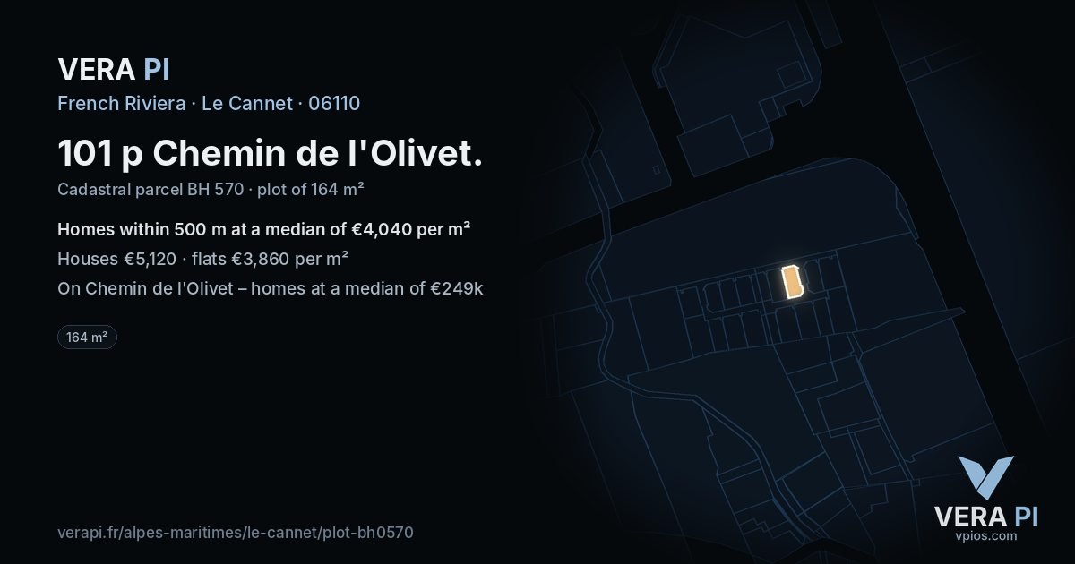101 p Chemin de l'Olivet, Le Cannet at night – the plot lit, the parcels around coloured by the prices near them