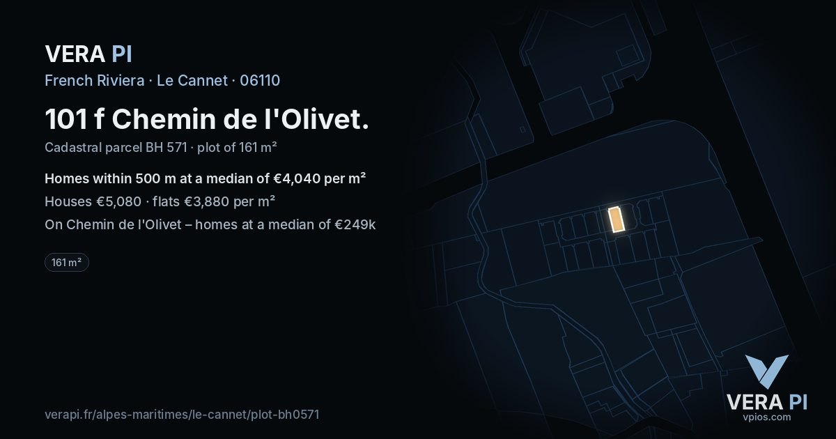 101 f Chemin de l'Olivet, Le Cannet at night – the plot lit, the parcels around coloured by the prices near them
