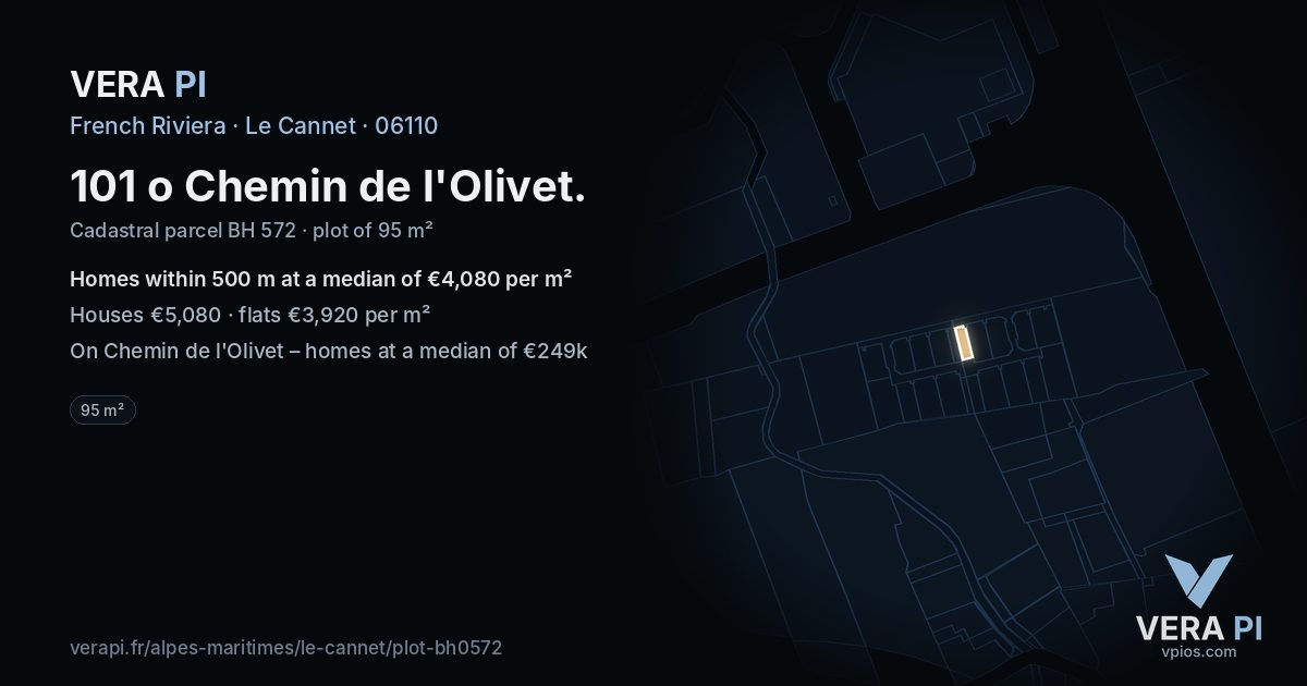 101 o Chemin de l'Olivet, Le Cannet at night – the plot lit, the parcels around coloured by the prices near them