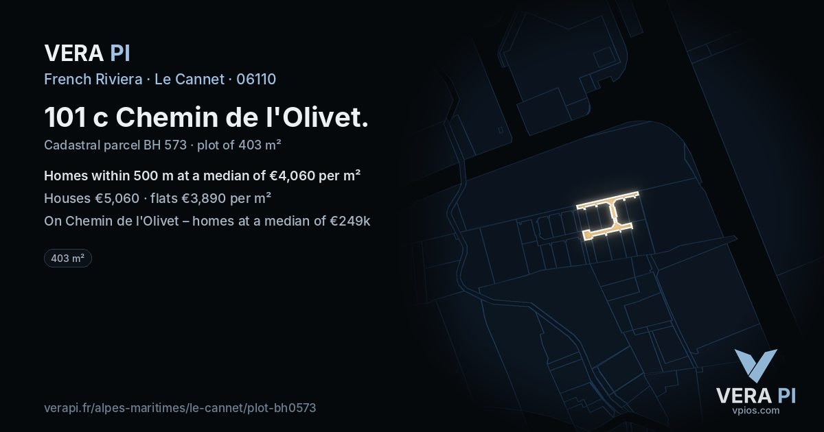 101 c Chemin de l'Olivet, Le Cannet at night – the plot lit, the parcels around coloured by the prices near them