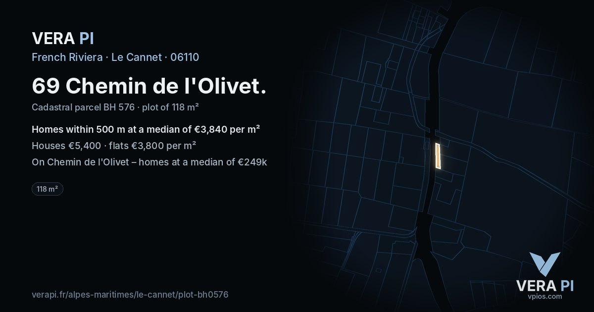 69 Chemin de l'Olivet, Le Cannet at night – the plot lit, the parcels around coloured by the prices near them
