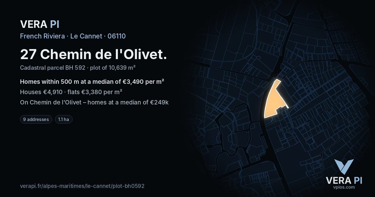 27 Chemin de l'Olivet, Le Cannet at night – the plot lit, the parcels around coloured by the prices near them