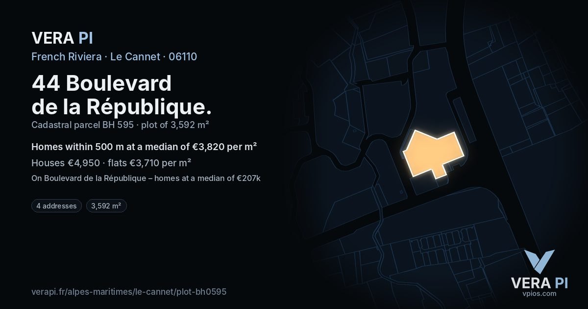 44 Boulevard de la République, Le Cannet at night – the plot lit, the parcels around coloured by the prices near them