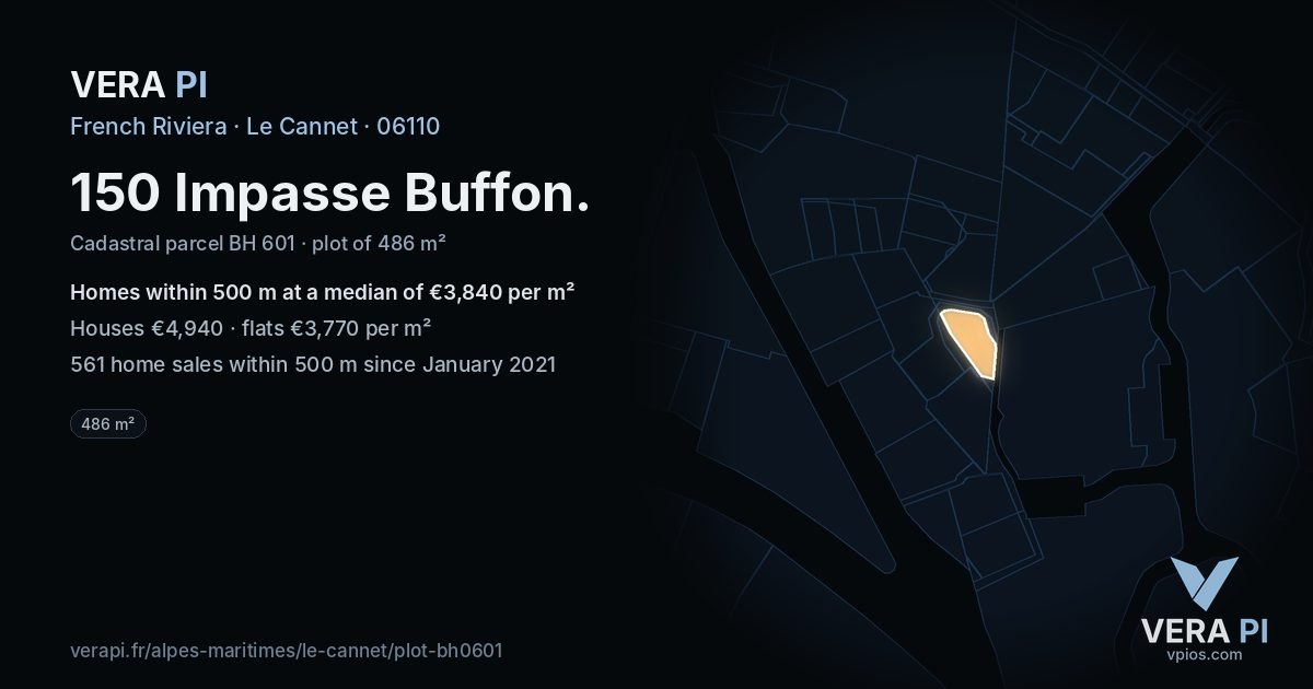150 Impasse Buffon, Le Cannet at night – the plot lit, the parcels around coloured by the prices near them