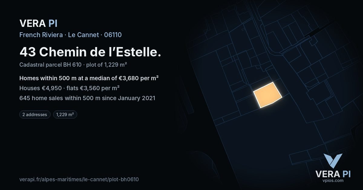 43 Chemin de l’Estelle, Le Cannet at night – the plot lit, the parcels around coloured by the prices near them