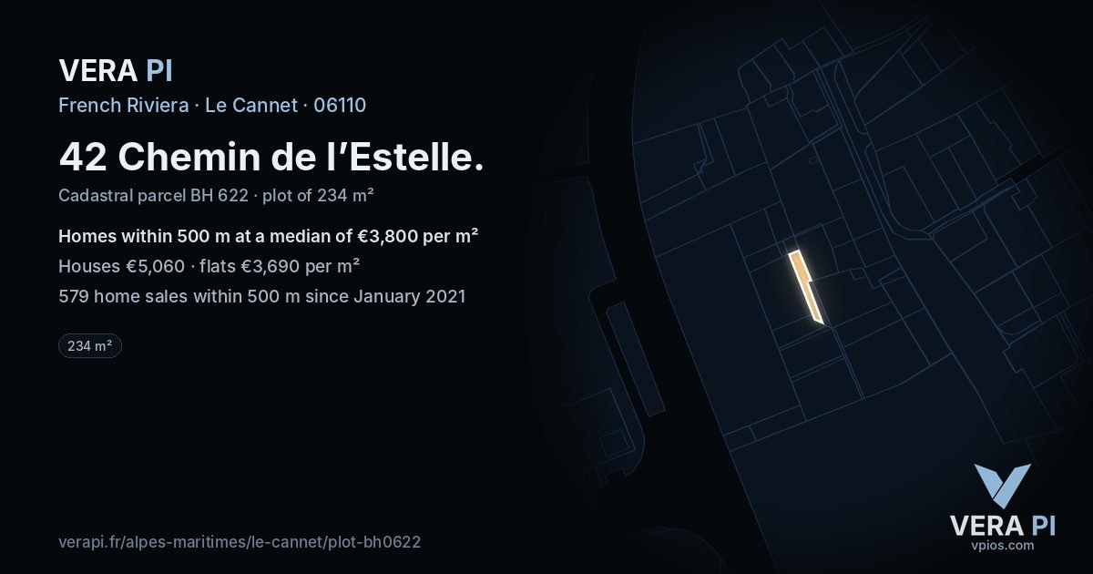 42 Chemin de l’Estelle, Le Cannet at night – the plot lit, the parcels around coloured by the prices near them