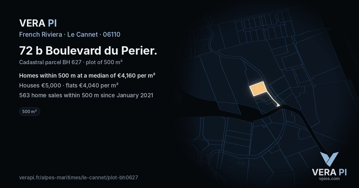 72 b Boulevard du Perier, Le Cannet at night – the plot lit, the parcels around coloured by the prices near them