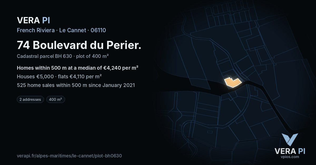 74 Boulevard du Perier, Le Cannet at night – the plot lit, the parcels around coloured by the prices near them