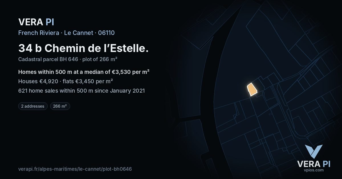34 b Chemin de l’Estelle, Le Cannet at night – the plot lit, the parcels around coloured by the prices near them