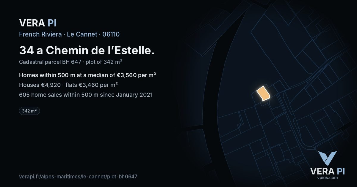 34 a Chemin de l’Estelle, Le Cannet at night – the plot lit, the parcels around coloured by the prices near them