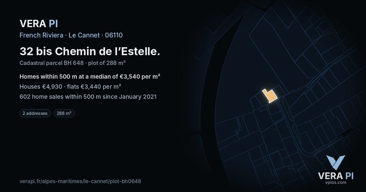 32 bis Chemin de l’Estelle, Le Cannet at night – the plot lit, the parcels around coloured by the prices near them