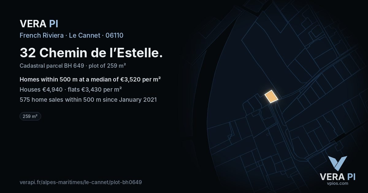32 Chemin de l’Estelle, Le Cannet at night – the plot lit, the parcels around coloured by the prices near them