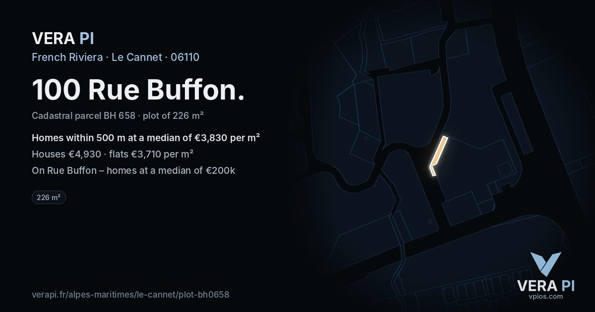 100 Rue Buffon, Le Cannet at night – the plot lit, the parcels around coloured by the prices near them