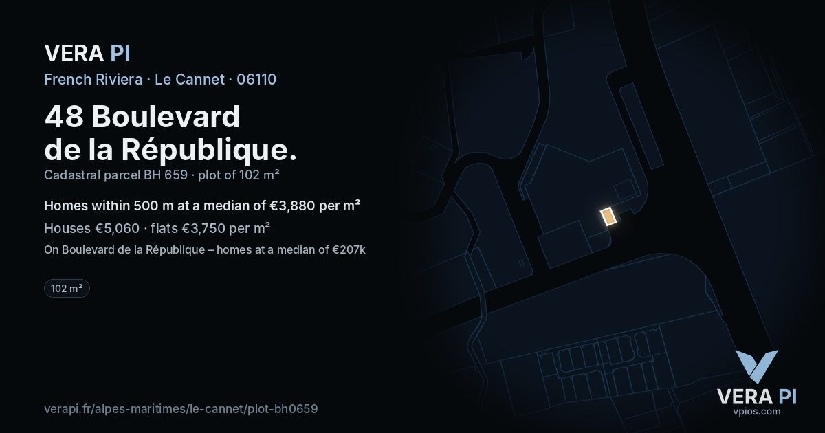 48 Boulevard de la République, Le Cannet at night – the plot lit, the parcels around coloured by the prices near them