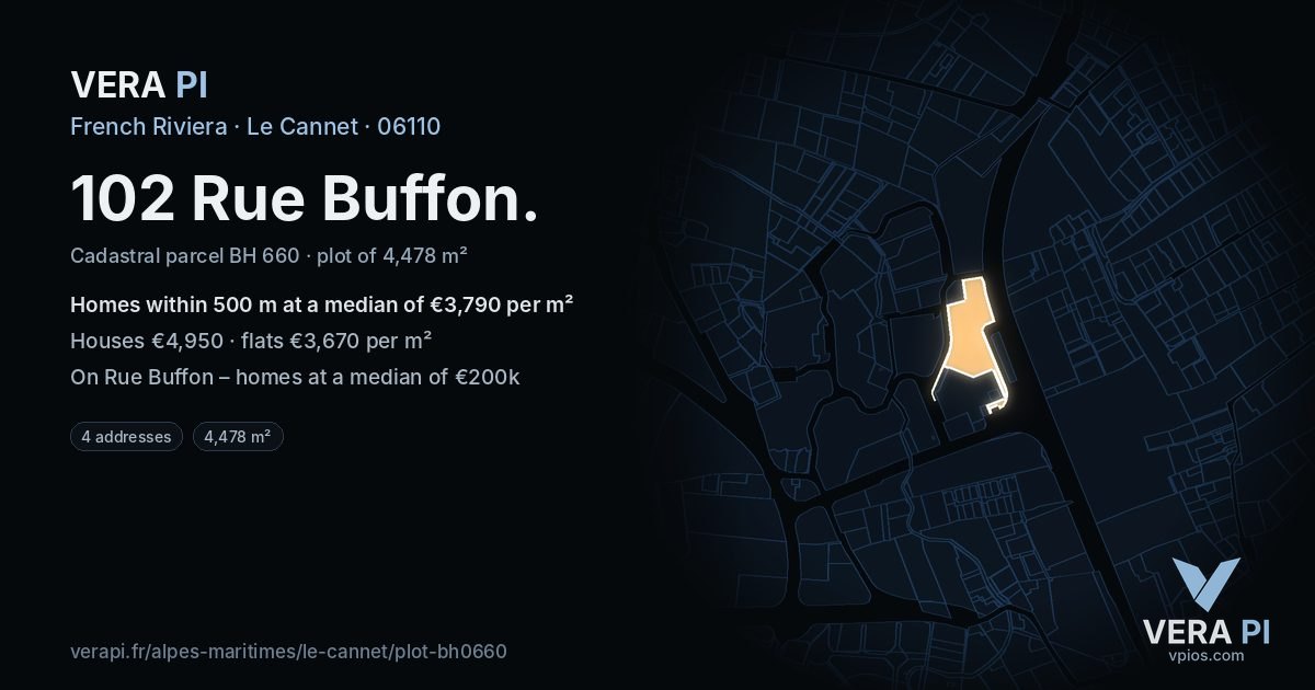 102 Rue Buffon, Le Cannet at night – the plot lit, the parcels around coloured by the prices near them