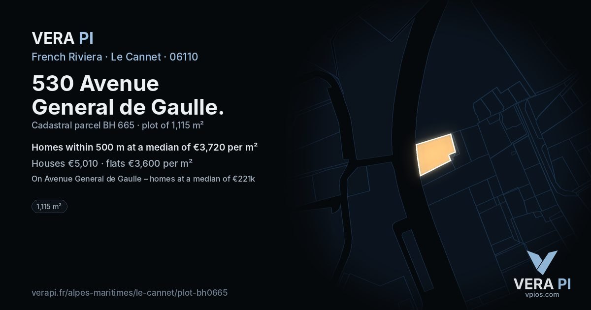 530 Avenue General de Gaulle, Le Cannet at night – the plot lit, the parcels around coloured by the prices near them