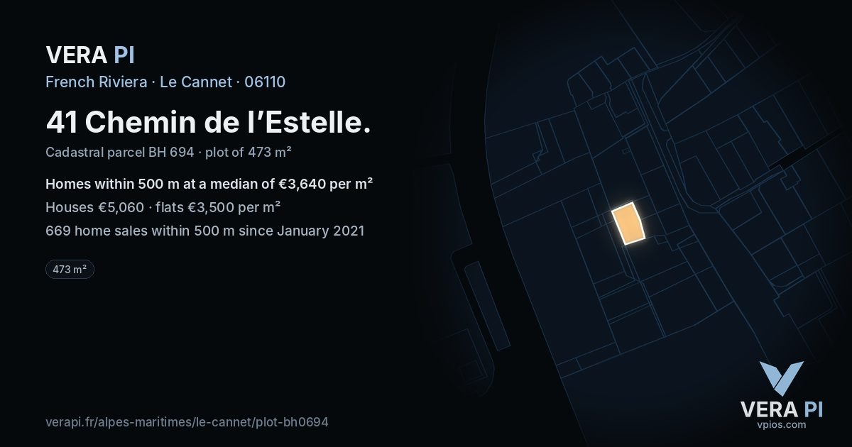 41 Chemin de l’Estelle, Le Cannet at night – the plot lit, the parcels around coloured by the prices near them